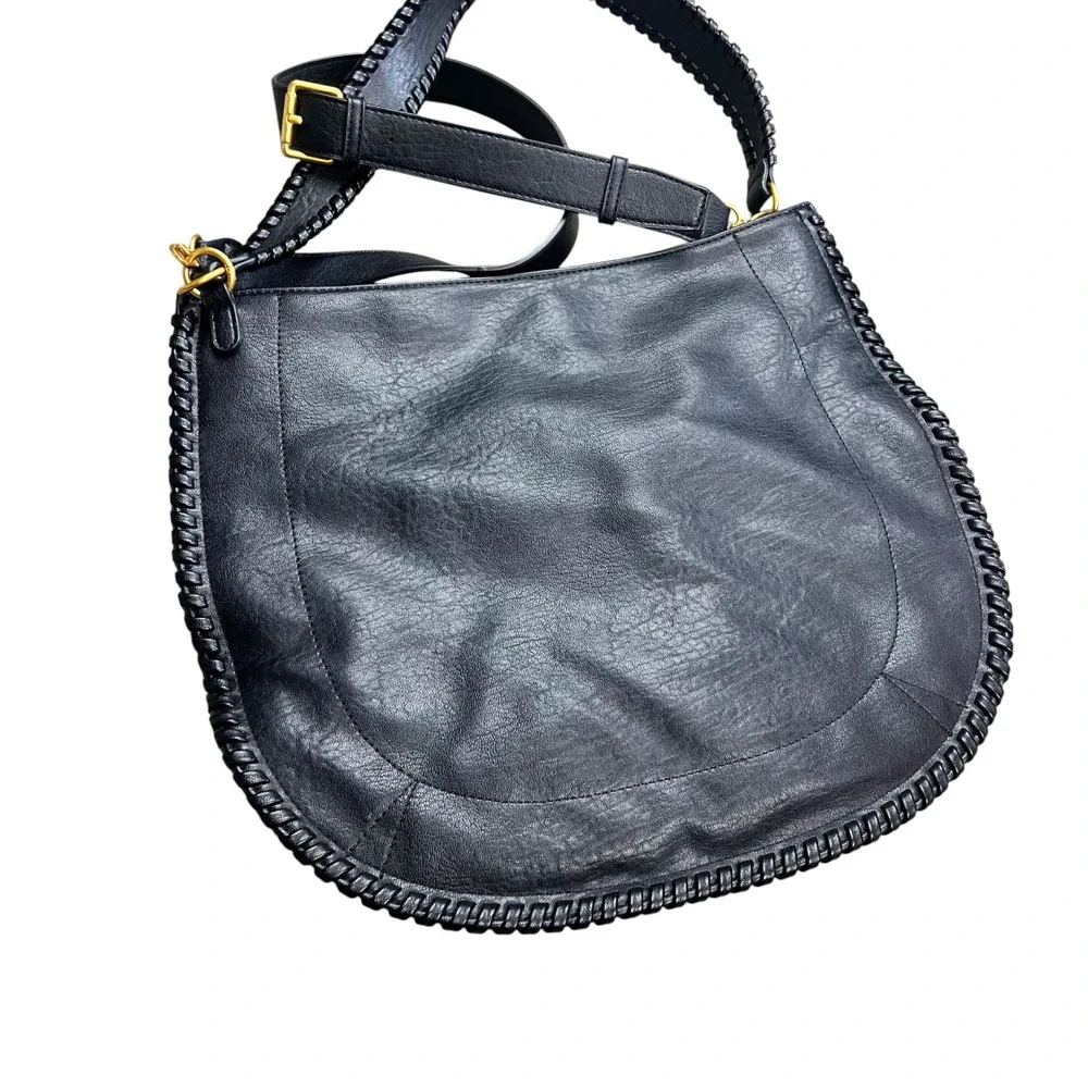 Antik Kraft Black Vegan Leather Whipstitch Hobo Bag Gold Hardware Crossbody